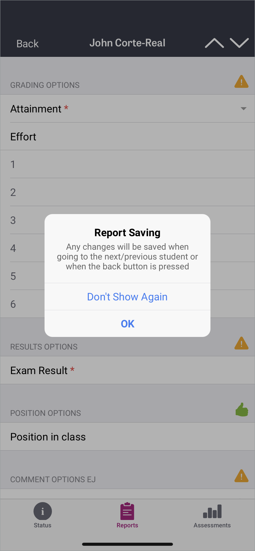 Report saving notification