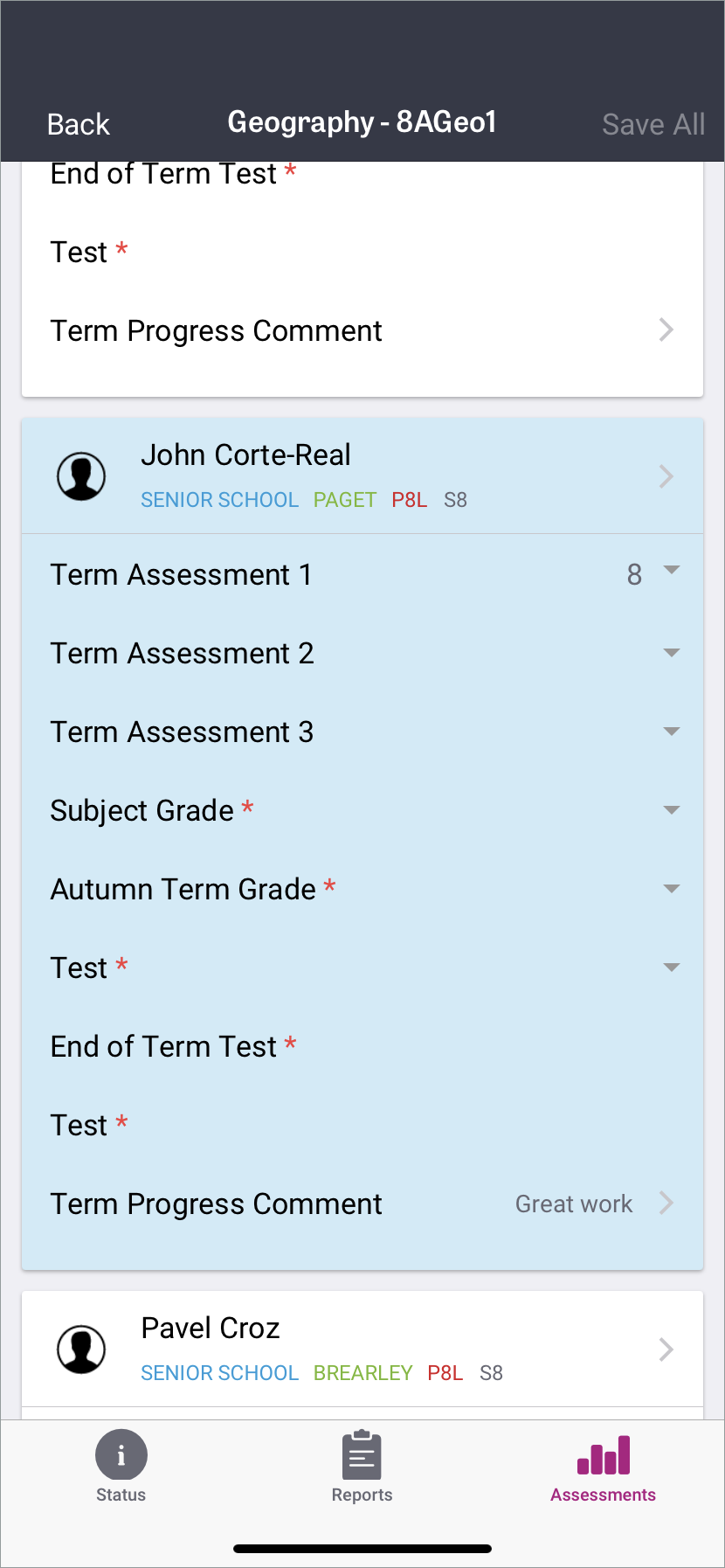 Completed assessments in student list