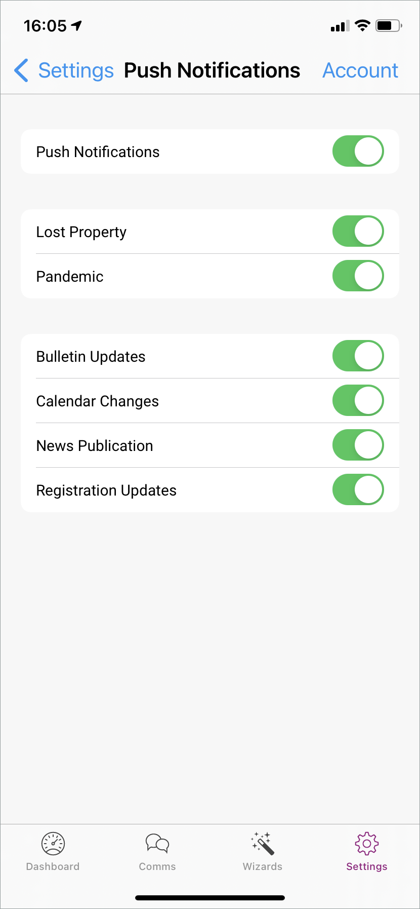 iTeacher app push notification settings