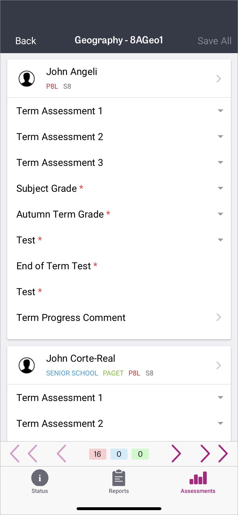 Subject student assessments list