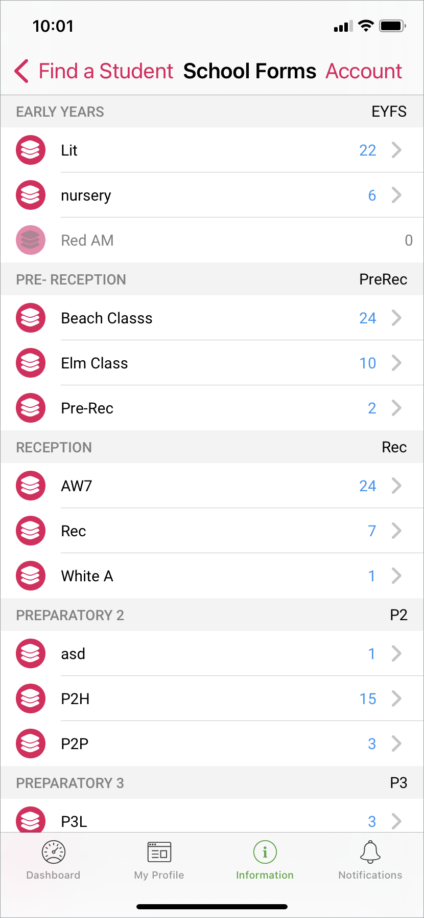 Find a student by school forms