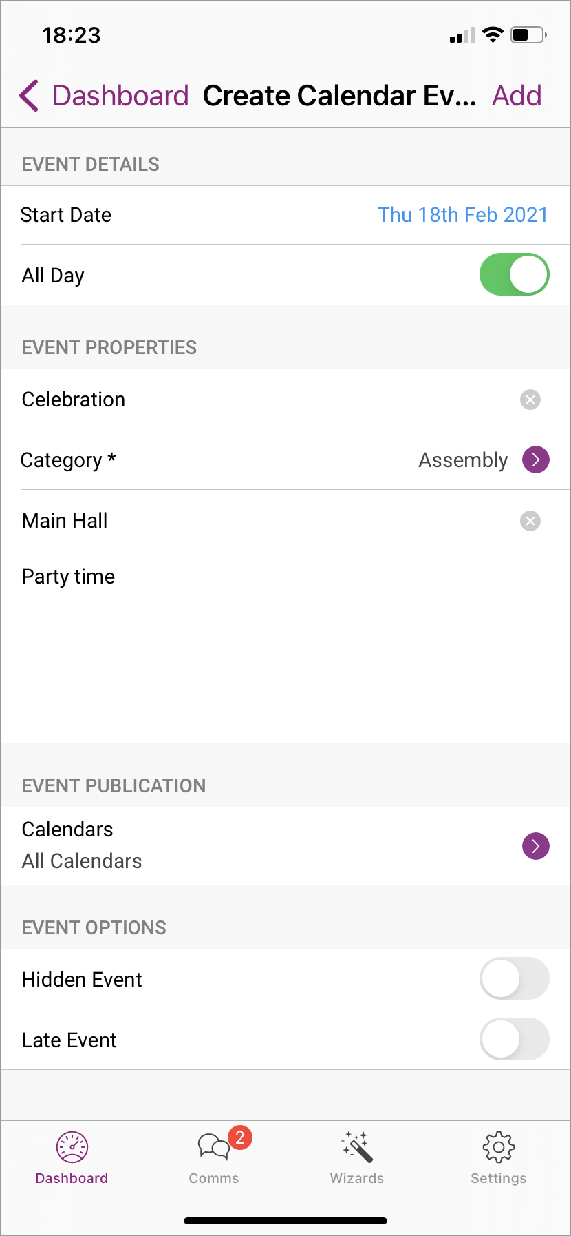 Create calendar event screen