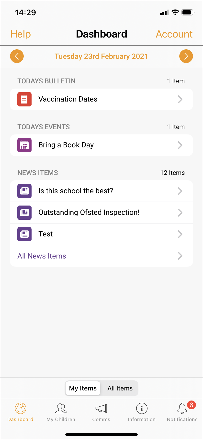 iParent app dashboard screen