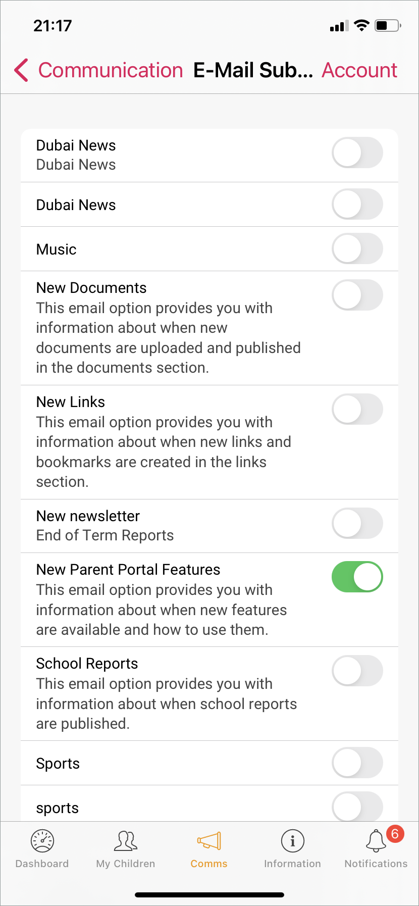 Email subscription options